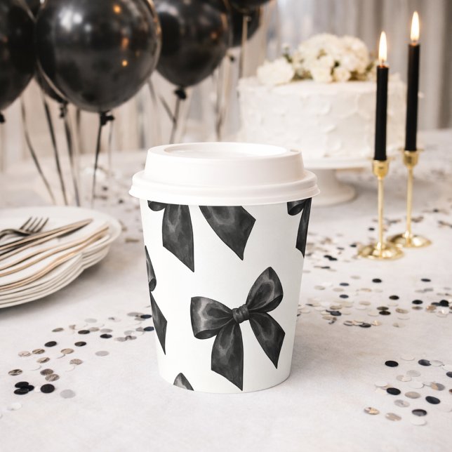 Gobelets En Papier Anniversaire Élégant Ruban Noir (Elegant Black Bow Birthday Paper Cups)