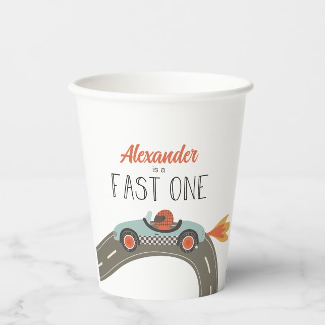 Gobelets En Papier Anniversaire Fast One voiture de course bleue (Recto)