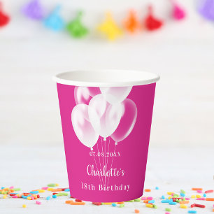 Gobelets En Papier Anniversaire fête rose ballons blanc nom fille