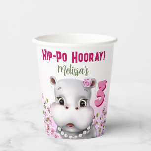 Gobelets En Papier Anniversaire Fille Hippopotame Rose Floral