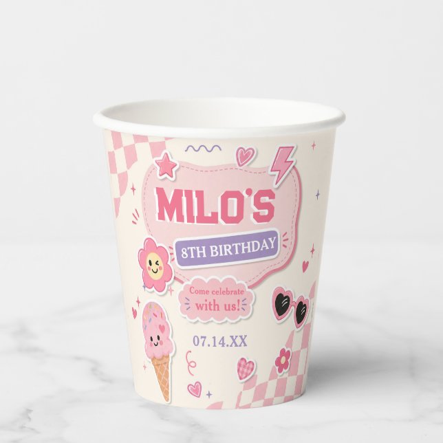 Gobelets En Papier Anniversaire Fille Rose Rétro (Recto)