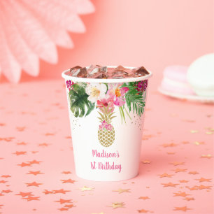 Gobelets En Papier Anniversaire floral d'ananas rose or