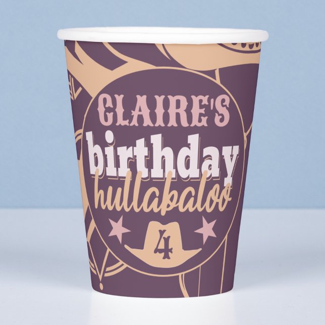 Gobelets En Papier "Anniversaire Hullabaloo" Western Cowgirl Annivers (birthday hullabaloo cowgirl rodeo Wild West kids bday party party cup custom name and age)