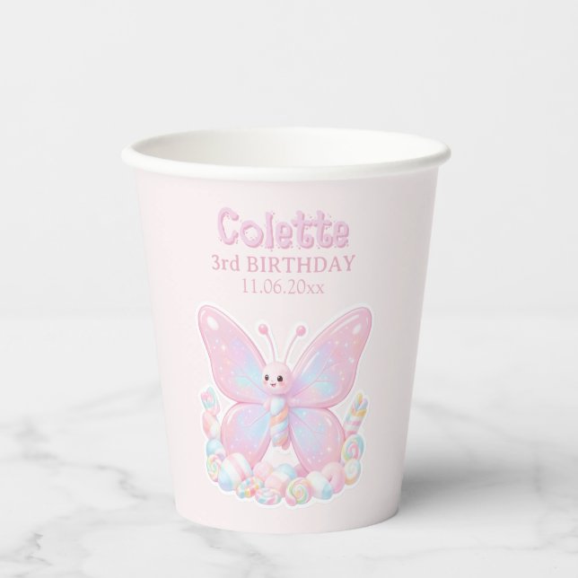 Gobelets En Papier Anniversaire Papillon Fraise Rose (Recto)
