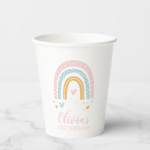 Gobelets En Papier Anniversaire pastel arc-en-ciel et coeurs pour un