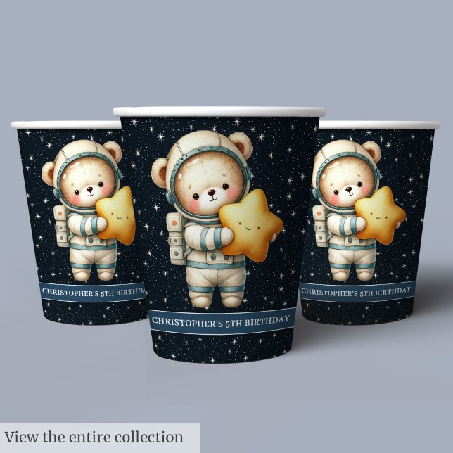 Gobelets En Papier Anniversaire Personnalisé De L'Ours De Teddy (Personalized Teddy Bear Astronaut Boy Birthday Paper Cups)