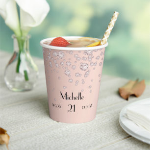 Gobelets En Papier Anniversaire rose or noir nom diamants