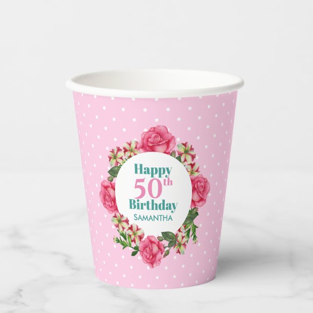 Gobelets En Papier Anniversaire Rose Rouge Blanc Pois Petunia (Recto)