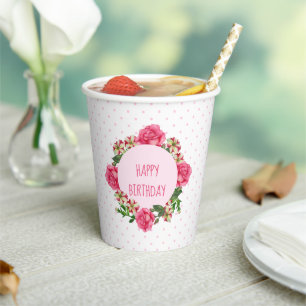 Gobelets En Papier Anniversaire Rose Rouge Blanc Pois Petunia