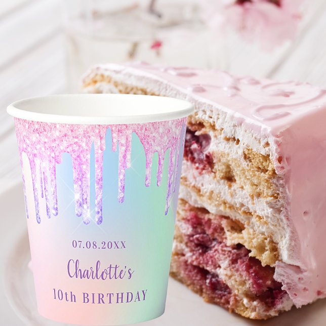 Gobelets En Papier Anniversaire rose violet parties scintillant goutt (Créateur téléchargé)