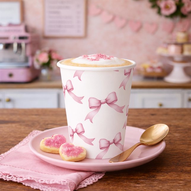 Gobelets En Papier Anniversaire Ruban Rose Élégant (Elegant Pink Bow Birthday Paper Cups)