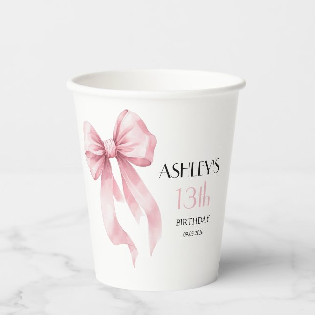 Gobelets En Papier Anniversaire Ruban Rose pour Filles (Recto)