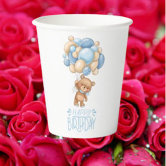 Gobelets En Papier Anniversaire Teddy Bear Garçon Bleu Ballons