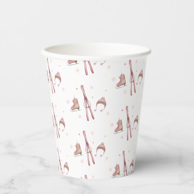 Gobelets En Papier Après Bébé Pink Winter Ski Pattern Fête de Naissan (Recto)