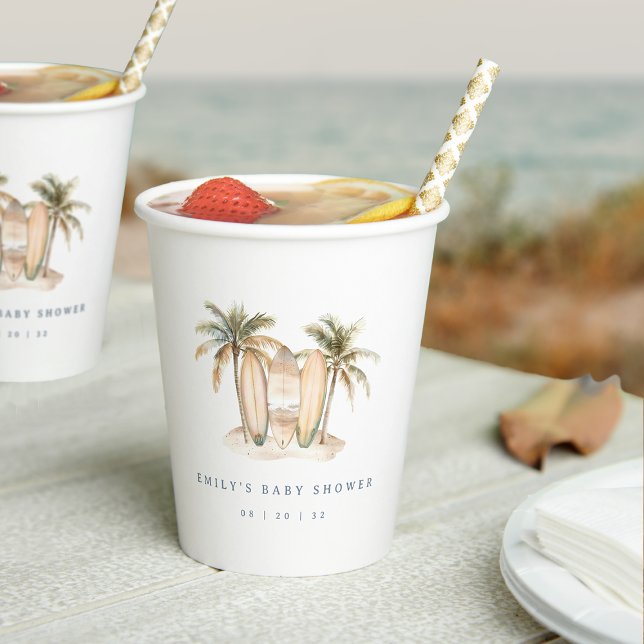 Gobelets En Papier Aquarelle Baby shower à thème Surfer côtier (Créateur téléchargé)