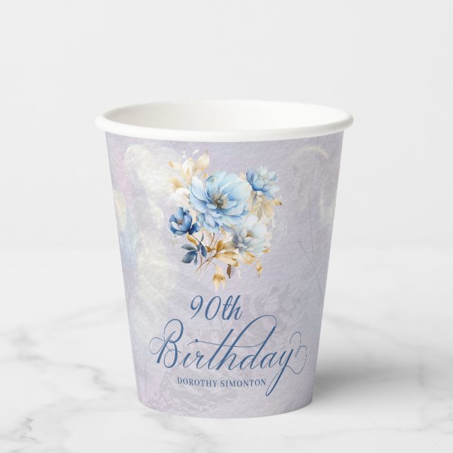 Gobelets En Papier Aquarelle bleu blanc Floral 90e anniversaire (Recto)