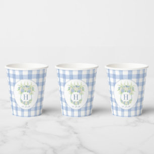 Gobelets En Papier Aquarelle Bleu et Blanc Hydrangea En vichy Crest