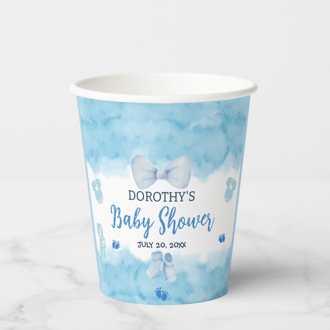 Gobelets En Papier Aquarelle bleu nuage pastel brosse bébé garçon dou (Recto)