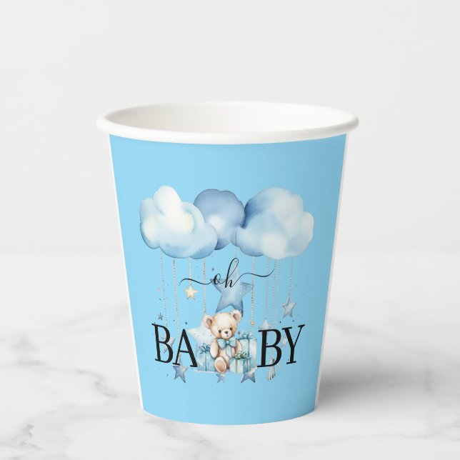 Gobelets En Papier Aquarelle Bleue adorable Baby shower Ours En Teddy (Recto)