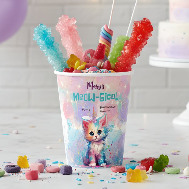 Gobelets En Papier Aquarelle Caticorn Meow-Gical Anniversaire (Créateur téléchargé)