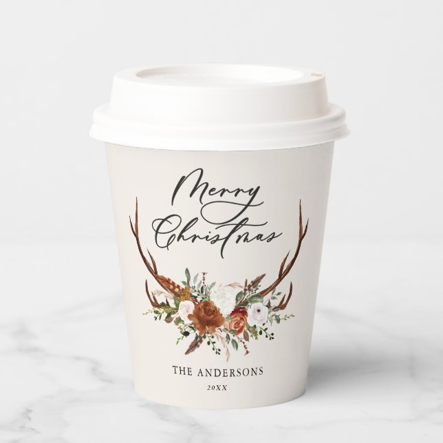Gobelets En Papier aquarelle cerf floral joyeux noël (Recto)