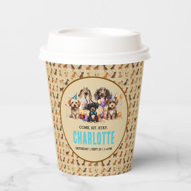 Gobelets En Papier Aquarelle Chien Pawty Puppy Anniversaire (Recto)