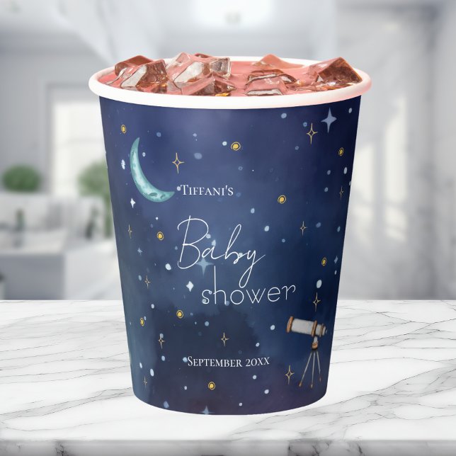 Gobelets En Papier Aquarelle Ciel Céleste Lune & Étoiles Baby shower (Créateur téléchargé)