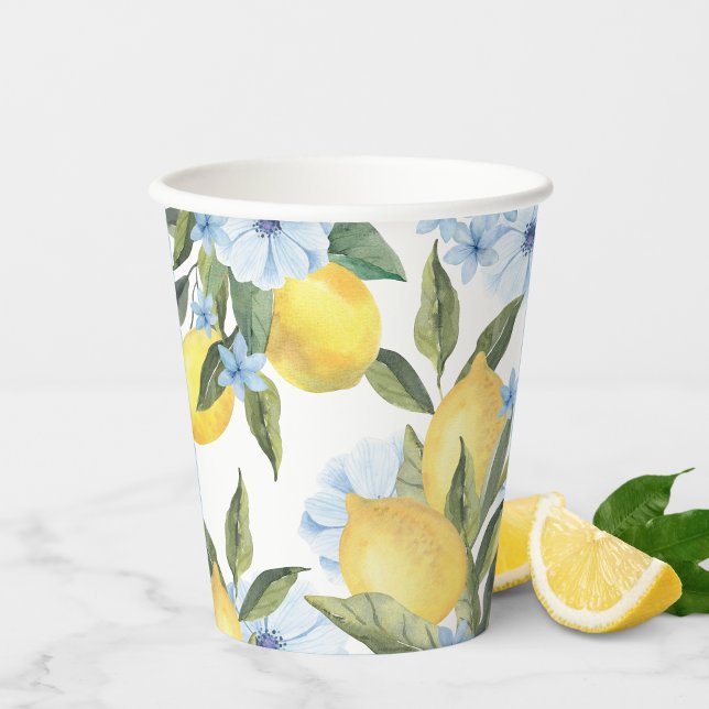 Gobelets En Papier Aquarelle Citron et Fleur Bleue (Watercolor Lemon and Blue Flower Paper Cups for Birthday, Baby Shower or Bridal Shower - Sets of 8)