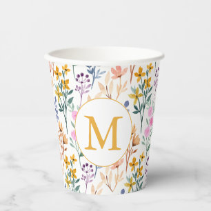 Gobelets En Papier Aquarelle colorée Fleur de printemps Motif Monogra