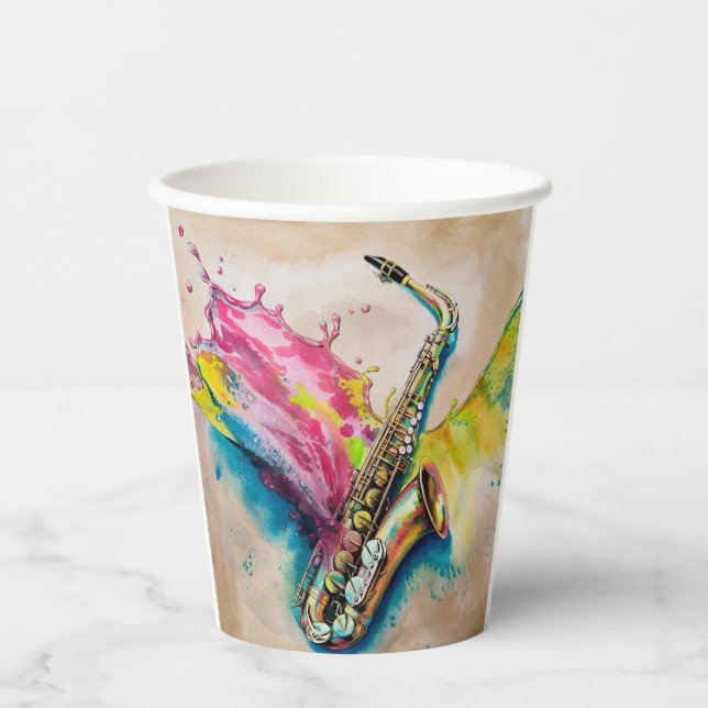 Gobelets En Papier Aquarelle colorée Saxophone Splash (Recto)