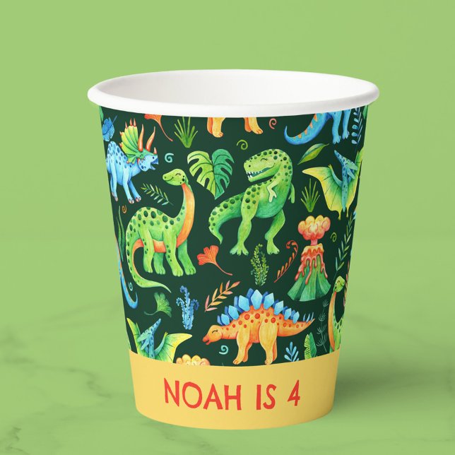 Gobelets En Papier Aquarelle Dinosaures Motif Garçons Anniversaire (Watercolor Dinosaurs on Dark Green Boys Birthday Paper Cups)