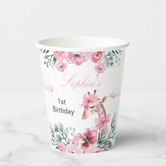 Gobelets En Papier Aquarelle Floral Giraffe Ribbon Girl Anniversaire (Recto)