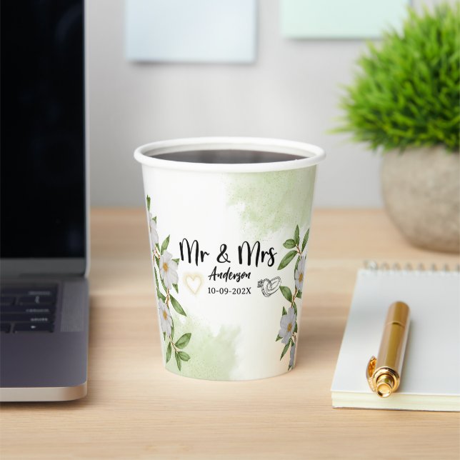 Gobelets En Papier Aquarelle florale blanche et verte (Insitu)