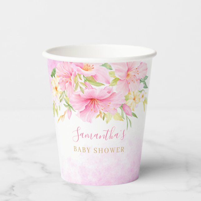 Gobelets En Papier Aquarelle florale Botanique Blush Baby shower rose (Recto)