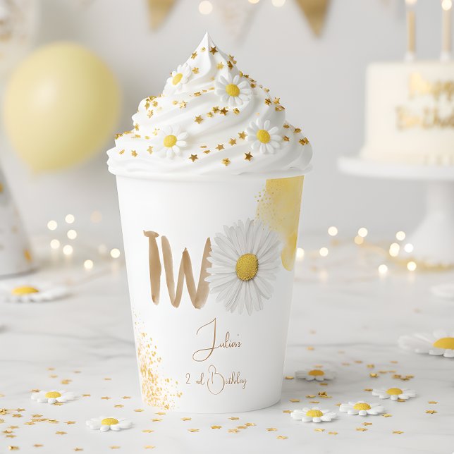 Gobelets En Papier Aquarelle marguerite deuxième anniversaire (Créateur téléchargé)