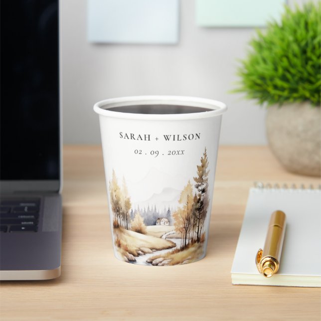 Gobelets En Papier Aquarelle Muet Automne Mariage paysage Automne (Insitu)