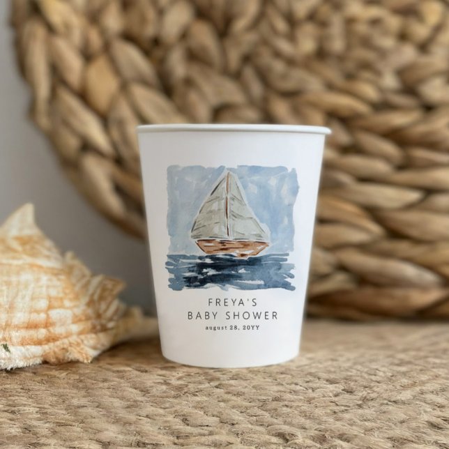 Gobelets En Papier Aquarelle nautique Baby shower nautique personnali (Nautical watercolor sailboat modern baby shower party personalized paper cups.)