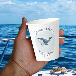 Gobelets En Papier Aquarelle Ocean Blue Whale Cute Boy's Baby shower