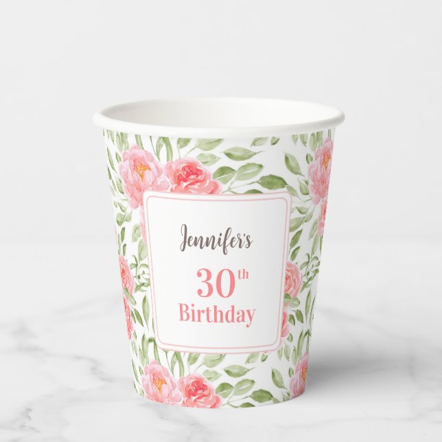 Gobelets En Papier Aquarelle Peony Floral Peach 30e anniversaire (Recto)