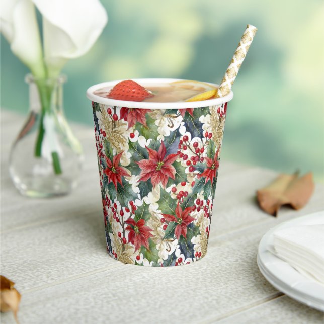 Gobelets En Papier Aquarelle poinsettia et saint motif Noël (Insitu)