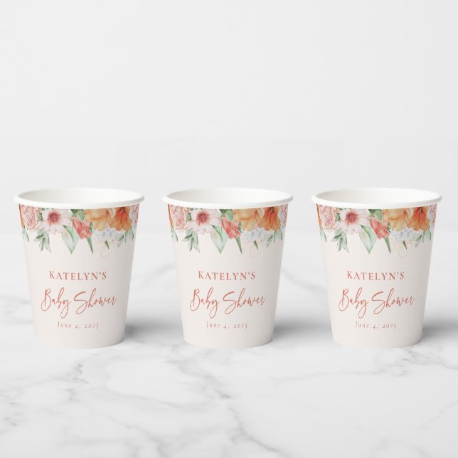 Gobelets En Papier Aquarelle Ressort Baby shower floral pour filles (Multi)