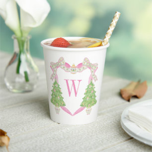 Gobelets En Papier Aquarelle rose Arbre de Noël Monogramme Crest