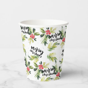 Gobelets En Papier Aquarelle rustique Holly Motif Joyeux Noël