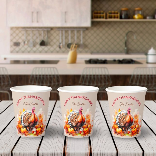 Gobelets En Papier Aquarelle Thanksgiving Turquie et Citrouilles (Créateur téléchargé)