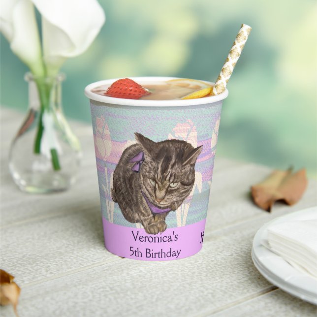 Gobelets En Papier Aquarelle violet Anniversaire Enfants Kitty tasse  (Insitu)