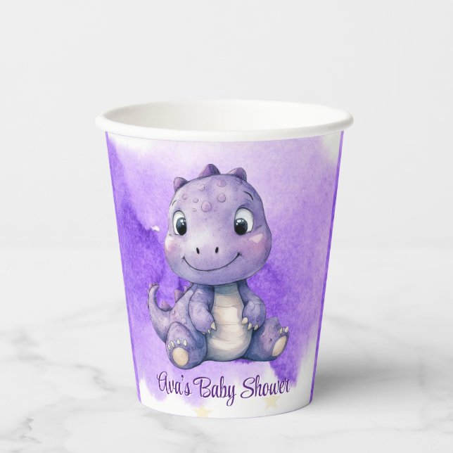 Gobelets En Papier Aquarelle violette mignonne Dinosaur Baby shower f (Recto)