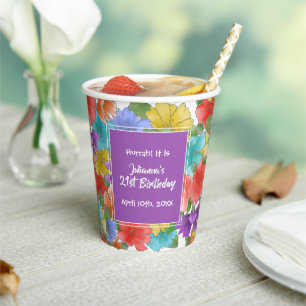 Gobelets En Papier Aquarelle violette moderne Floral 21e anniversaire
