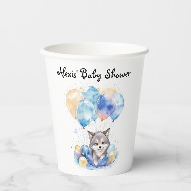 Gobelets En Papier Aquarelle Whimsical Wolf Baby shower de loup (Recto)