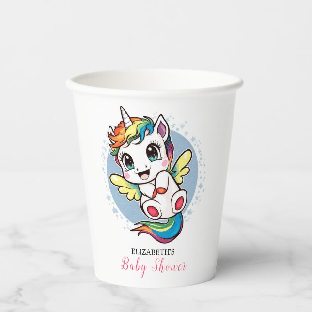 Gobelets En Papier Aquarelle Whimsy Unicorn Baby shower (Recto)