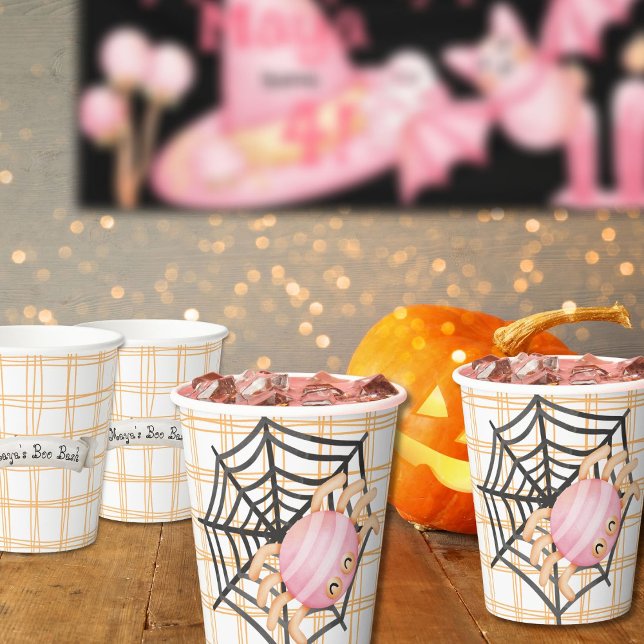 Gobelets En Papier Araignée d'Halloween rose et web (Pretty pink halloween spider cups
)